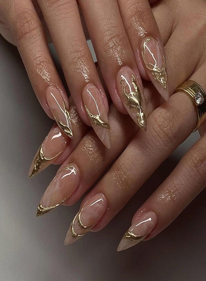CJDLTS 24Pcs Gold French Tip Press on Nails Medium Length Almond False Nails Golden 3D Lines Design Stick on Nails Artificial Acrylic Nails Full Cover Coffin Nails Reusable Glue on Nails for Women - Image 1